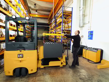 Demonstrating the removal of a Industrial Battery for charging