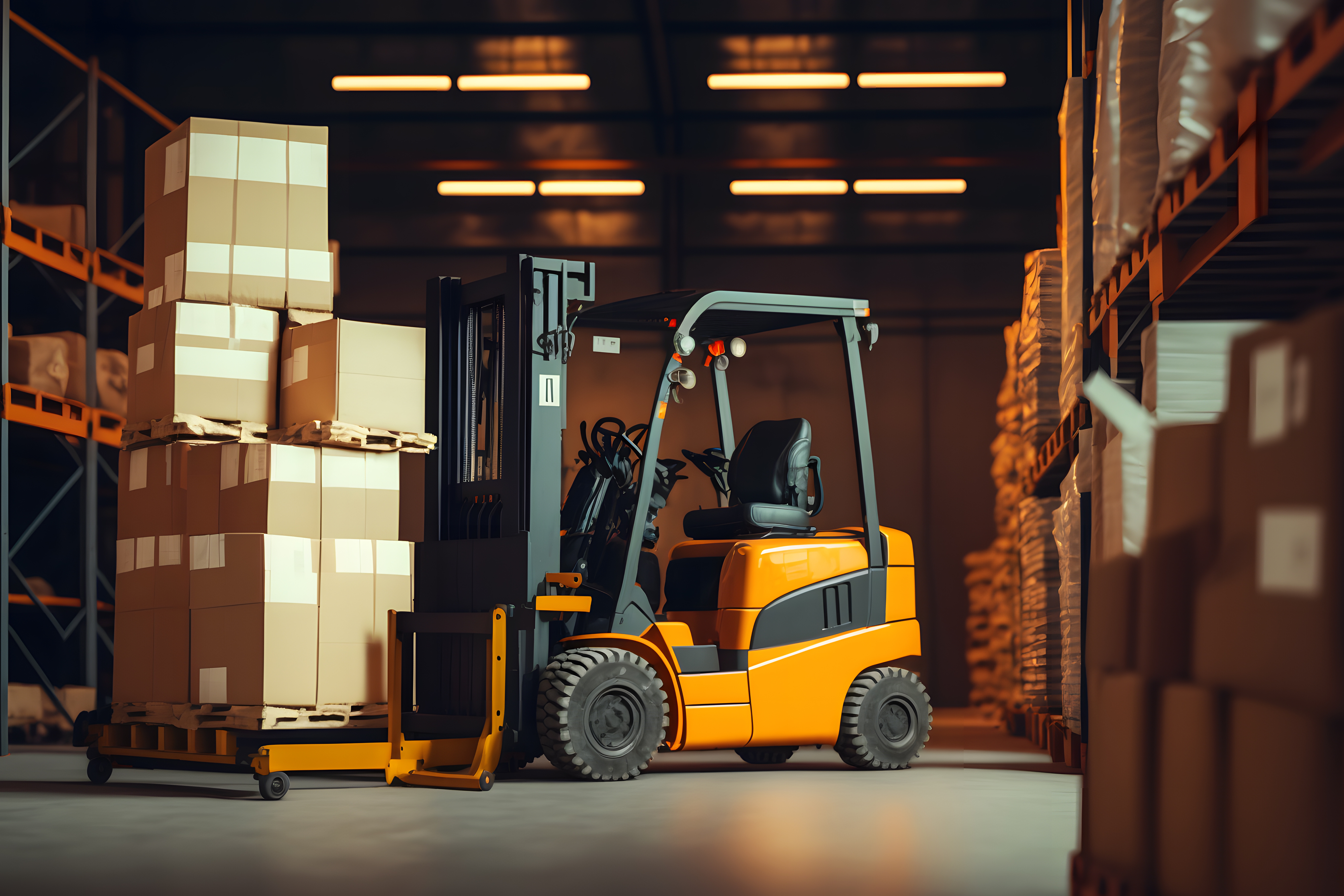 Forklift carrying boxes sitting in a warehouse aisle