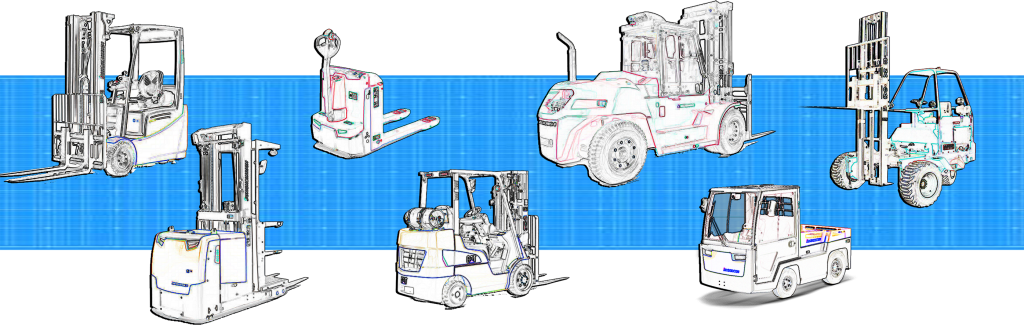 Multiple Forklift Drawings on Blue Strip Background